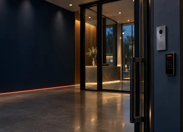 Modern building lobby with an access control keypad